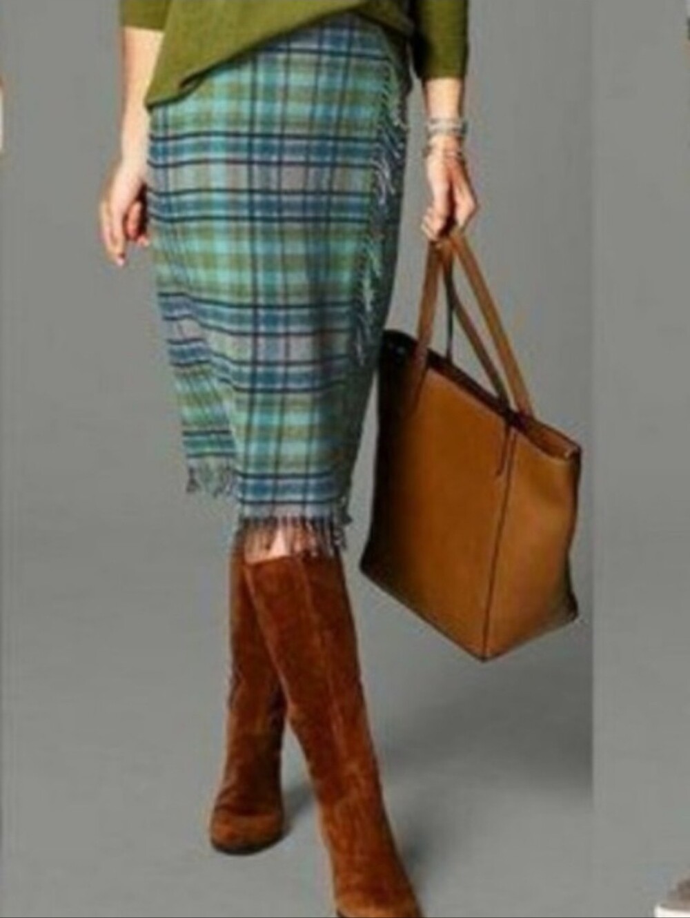 J. JILL Blue Green Plaid Wool Blend Faux Wrap Pencil Skirt Fringe Size 18 Petite